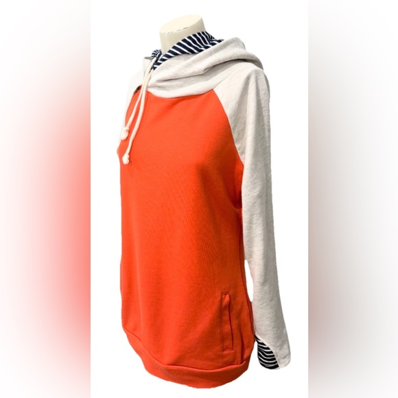 Vanilla Bay Doublehood Sweatshirt Women's S Orange/Gray/Striped Hoodie Thumbhole - Picture 2 of 9